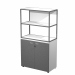 Libreria in metallo a 2 vani con struttura 20x20 mm a giorno con ripiani, base, cappello e un dietro in melaminico , sovrapposta ad un armadio basso,  completo di ante battenti con serratura. Libreria metal completa di 1 dietro in melaminico posizionabile