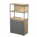 Libreria in metallo a 2 vani con struttura 20x20 mm a giorno con ripiani, base, cappello e un dietro in melaminico , sovrapposta ad un armadio basso,  completo di ante battenti con serratura. Libreria metal completa di 1 dietro in melaminico posizionabile