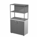 Libreria in metallo a 2 vani con struttura 20x20 mm a giorno con ripiani, base, cappello e un dietro in melaminico , sovrapposta ad un armadio basso,  completo di ante battenti con serratura. Libreria metal completa di 1 dietro in melaminico posizionabile
