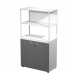 Libreria in metallo a 2 vani con struttura 20x20 mm a giorno con ripiani, base, cappello e un dietro in melaminico , sovrapposta ad un armadio basso,  completo di ante battenti con serratura. Libreria metal completa di 1 dietro in melaminico posizionabile
