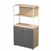 Libreria in metallo a 2 vani con struttura 20x20 mm a giorno con ripiani, base, cappello e un dietro in melaminico , sovrapposta ad un armadio basso,  completo di ante battenti con serratura. Libreria metal completa di 1 dietro in melaminico posizionabile