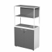 Libreria in metallo a 2 vani con struttura 20x20 mm a giorno con ripiani, base, cappello e un dietro in melaminico , sovrapposta ad un armadio basso,  completo di ante battenti con serratura. Libreria metal completa di 1 dietro in melaminico posizionabile