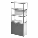 Libreria in metallo a 3 vani con struttura 20x20 mm a giorno con ripiani, base, cappello e un dietro in melaminico , sovrapposta ad un armadio basso,  completo di ante battenti con serratura. Libreria metal completa di 1 dietro in melaminico posizionabile