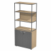 Libreria in metallo a 3 vani con struttura 20x20 mm a giorno con ripiani, base, cappello e un dietro in melaminico , sovrapposta ad un armadio basso,  completo di ante battenti con serratura. Libreria metal completa di 1 dietro in melaminico posizionabile