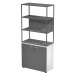 Libreria in metallo a 3 vani con struttura 20x20 mm a giorno con ripiani, base, cappello e un dietro in melaminico , sovrapposta ad un armadio basso,  completo di ante battenti con serratura. Libreria metal completa di 1 dietro in melaminico posizionabile