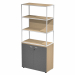 Libreria in metallo a 3 vani con struttura 20x20 mm a giorno con ripiani, base, cappello e un dietro in melaminico , sovrapposta ad un armadio basso,  completo di ante battenti con serratura. Libreria metal completa di 1 dietro in melaminico posizionabile