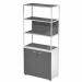 Libreria in metallo a 3 vani con struttura 20x20 mm a giorno con ripiani, base, cappello e un dietro in melaminico , sovrapposta ad un armadio basso,  completo di ante battenti con serratura. Libreria metal completa di 1 dietro in melaminico posizionabile