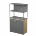 Libreria in metallo a 2 vani con struttura 20x20 mm a giorno con ripiani, base, cappello e un dietro in melaminico , sovrapposta ad un armadio basso,  completo di ante battenti con serratura. Libreria metal completa di 1 dietro in melaminico posizionabile
