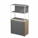 Libreria in metallo a 2 vani con struttura 20x20 mm a giorno con ripiani, base, cappello e un dietro in melaminico , sovrapposta ad un armadio basso,  completo di ante battenti con serratura. Libreria metal completa di 1 dietro in melaminico posizionabile