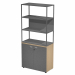Libreria in metallo a 3 vani con struttura 20x20 mm a giorno con ripiani, base, cappello e un dietro in melaminico , sovrapposta ad un armadio basso,  completo di ante battenti con serratura. Libreria metal completa di 1 dietro in melaminico posizionabile