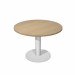 Tavolo riunione tondo Ø120 x H73cm (6 posti). In materiale melaminico classe E1 con finitura antigraffio e antiriflesso. Piani spessore 25mm gamba in metallo Ø8cm con base Ø50cm. Altezza fissa.