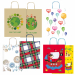 Shopper regalo realizzato in carta kraft bianco con stampe a colori. Dotato di manici in carta ritorta. Assortimento di 5 differente fantasie.