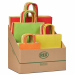 Espositore da banco con 100 shopper assortiti in 5 colori chiari (arancio/giallo/rosso/verde lime/avorio) e 4 formati differenti (16x8x21cm - 22x10x27cm - 26x12x36cm - 36x12x41cm). Realizzati in carta Kraft, dotati di manici ritorti.