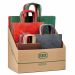 Espositore da banco con 100 shopper assortiti in 5 colori scuri (rosso/verde/blu/bordeaux/marrone) e 4 formati differenti (16x8x21cm - 22x10x27cm - 26x12x36cm - 36x12x41cm). Realizzati in carta Kraft, dotati di manici ritorti.
