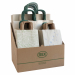 Espositore da banco con 100 shopper assortiti in 3 fantasie e 3 formati differenti. (21x16x8cm/36x26x12cm/41x36x12cm). Realizzati in carta erba dotati di manici ritorti.