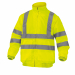 Giubbotto alta visibilità Oxford spalmato PU. Fodera pile poliestere. Maniche staccabili. Cuciture impermeabili. Cappuccio fisso. Collo foderato pile. Polsini e parte bassa bordo a coste. Categoria DPI: 2. Certificazione CE. Conformità alle norme EN ISO 1