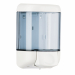 Dispenser sapone liquido con erogazione a pulsante. Capacità 1 litro. Dimensioni 12,8x11,2x20,5cm. Il dispenser è dotato di coperchio con serratura