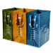 Set 3 contenitori per la raccolta differenziata di vetro, plastica e carta in 3 diversi colori. Contenitore carta: cm. 22x35xh49 - contenitore vetro: cm. 20x35xh48 - contenitore plastica: 26x35xh49 - Ogni contenitore è dotato di velcro e maniglie. MADE IN
