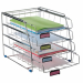 Set di 4 vaschette portacorrispondenza scorrevoli realizzate in robusta struttura in filo di metallo cromato e portaetichette in plastica per la personalizzazione del contenuto. Adatta a contenere documenti fino al formato 24x32cm. Ogni vaschetta ha capac