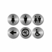 Set di 6 targhette adesive tonde Ø10cm in acciaio inox raffiguranti i 6 pittogrammi più utilizzati nei luoghi pubblici: Donna, Uomo, Donna/Uomo, Freccia, Vietato fumare, Handicap.