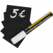 Set formato da 20 targhette nere scrivibili e cancellabili. Ideali come segnaprezzo o messaggi flash in bar, alimentari  ecc. Fornito con 1 pennarello a gesso liquido bianco, 4 supporti a spina (cod. 77154) e 2 supporti trasparenti (cod. 77153).