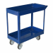 Carrello in acciaio verniciato blu a 2 ripiani. Dotato di grandi ruote in acciaio con grande cuscinetto. Portata massima kg100,00. Dimensioni 84x41cm h 82cm.