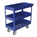 Carrello in acciaio verniciato blu a 3 ripiani. Dotato di grandi ruote in acciaio con grande cuscinetto. Portata massima kg100,00. Dimensioni 84x41cm h 82cm.