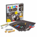 Scatola gioco per realizzare super biglietti 3D metalizzati. Il kit contiene: 4 fogli cartoncino nero gr.400+8 pennarelli metallici punta fine+2temperelli 1 oro e 1 argento+2 colle glitter 1 oro e 1 argento+1 forbice.