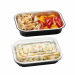 Contenitori in alluminio stirato laccati neri con coperchio trasparente in R-Pet ( con oltre 45% di PET riciclato ottenuto da macinato di bottiglie di plastica post-consumo). Idonei per forno tradizionale ed microonde grazie all'elevata rigidità, conducib