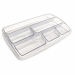 Bacinella portaoggetti dal formato compatto e di poco ingombro. Può essere usata all'interno di un cassetto o sulla scrivania. In plastica antiurto trasparente. Formato 25,3x3,4x15,7cm.