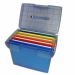 Archivio portatile Arianna realizzato in polipropilene blu translucido con maniglia a scomparsa e chiusura a scatto. Predisposizione per chiusura tramite lucchetto di sicurezza. Per cartelle sospese interasse 33. Completo di 5 cartelle joker colori assort