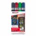 Astuccio 4 colori. Gesso liquido a base d’acqua coprente, inodore e cancellabile con panno umido da tutte le superfici non porose. Flusso d’inchiostro con valvola di controllo. Fusto in PPL. Per disegnare, decorare e scrivere su vetri, vetrine, specchi ed