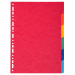 Divisori in cartoncino riciclato (certificazione Blue Angel) da 220 gr. Dotati di 6 tasti neutri colorati (colori assortiti). Perforazione universale. Formato esterno: 22,5x29,7 cm.