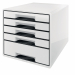 Cassettiera Black & White da 5 cassetti: 4 cassetti poco profondi + 1 cassetto alto per accessori da scrivania, come cucitrice, dispositivi mobili, ecc. Cassettiere impilabili fino a 3 moduli. Ergonomico buco presa nella parte inferiore del cassetti poco 