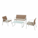 Set composto da un tavolino, un divano e due poltrone. Struttura in acciaio verniciato con vernici epossidiche di colore bianco, rivestimento in polyrattan miele completo di cuscini di color beige. Tavolo rettangolare con top in vetro temperato spessore 5