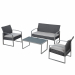 Set composto da un tavolino, un divano e due poltrone. Struttura in acciaio verniciato con vernici epossidiche di colore grigio, rivestimento in polyrattan nero lavato completo di cuscini di colore grigio. Tavolo rettangolare con top in vetro temperato sp
