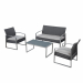 Set composto da un tavolino, un divano e due poltrone. Struttura in acciaio verniciato con vernici epossidiche di colore grigio, rivestimento in polyrattan bianco lavato completo di cuscini di colore grigio. Tavolo rettangolare con top in vetro temperato 