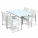 Set composto da un tavolo e quattro poltrone. Struttura in acciaio verniciato con vernici epossidiche di colore grigio, rivestimento in polyrattan bianco lavato completo di cuscini di colore grigio. Tavolo rettangolare con top in vetro temperato spessore 