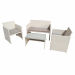 Set composto da un tavolino, un divano e due poltrone. Struttura in acciaio verniciato con vernici epossidiche, rivestimento in polyrattan colore bianco completo di cuscini colore grigio chiaro. Tavolo rettangolare con top in vetro temperato spessore 5mm.