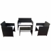 Set composto da un tavolino, un divano e due poltrone. Struttura in acciaio verniciato con vernici epossidiche, rivestimento in polyrattan colore nero completo di cuscini colore bianco. Tavolo rettangolare con top in vetro temperato spessore 5mm. Il set è
