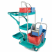 Carrello professionale per pulizie con caratteristiche tecniche che lo rendono  idoneo al protocollo HACCP. Costituito da 4 secchi (2 x 9lt + 2 x 15lt), 2 vaschette 27 x 45 x h7cm, un supporto reggisacco da 120lt, strizzatore per mop a frange. Dotato di 4