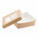 Scatola in carta KRAFT/PE avana con finestra trasparente 14x14x5cm, 1000ml. Peso netto unità 28gr. Idoneo al contatto con alimenti caldi(70°C per 2 ore), freddi e solidi. Il prodotto non può essere utilizzato unitamente all'alimento nel forno tradizionale