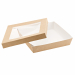 Scatola in carta KRAFT/PE avana con finestra trasparente 18x18x5cm, 1500ml. Peso netto unità 36gr. Idoneo al contatto con alimenti caldi(70°C per 2 ore), freddi e solidi. Il prodotto non può essere utilizzato unitamente all'alimento nel forno tradizionale