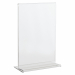 Display in PET trasparente (materiale riciclabile) idoneo al contatto con gli alimenti. Ottima resistenza agli urti e al fuoco. Ideale per ogni tipo di comunicazione e perfetto come porta menù o porta listino. Portadepliant con base a T formato A6 - 10,5x