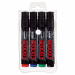Astuccio 4 colori. Marcatore con inchiostro pigmentato a base d'acqua. Scrive su tutte le superfi ci. Inodore, non passa la carta e non macchia. Indelebile alla luce e all'acqua. 
Punta tonda 1,2-1,8mm conica.
