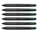 Astuccio nero con elegante finitura SOFT TOUCH contenente 6 penne a scatto con punta a sfera da 1mm.
Inchiostro nei colori blue, nero, rosso e verde.
Fusto ALL BLACK con finitura gommata.