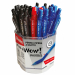 Espositore da banco con 96 penne a sfera in colori assortiti: 48 nero, 36 blu e 12 rosso.