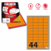 Scatola da 100fg da 21x29,7cm di etichette adesiva permanente arancio fluo. Etichette con angoli tondi. Adatte per stampanti inkjet, laser e copy.
