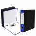 Registratore STARLINE modello StarBox, con struttura in cartone rivestita in carta goffrata stampata e risguardo bianco. Dotato di meccanismo a leva in acciaio nichelato con pressino. Custodia in fibrone nero rivestita in carta usomano. Anello di estrazio