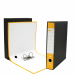 Registratore STARLINE modello StarBox, con struttura in cartone rivestita in carta goffrata stampata e risguardo bianco. Dotato di meccanismo a leva in acciaio nichelato con pressino. Custodia in fibrone nero rivestita in carta usomano. Anello di estrazio